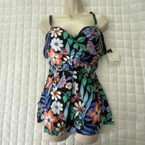 24TH AND OCEAN Womens Swimwear 20W Tankini Top Only Seaside Flyaway Black Floral